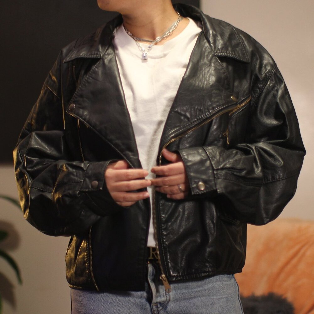 Biker Leather Jacket Motor Jacket Black, Vintage, Genuine Leather